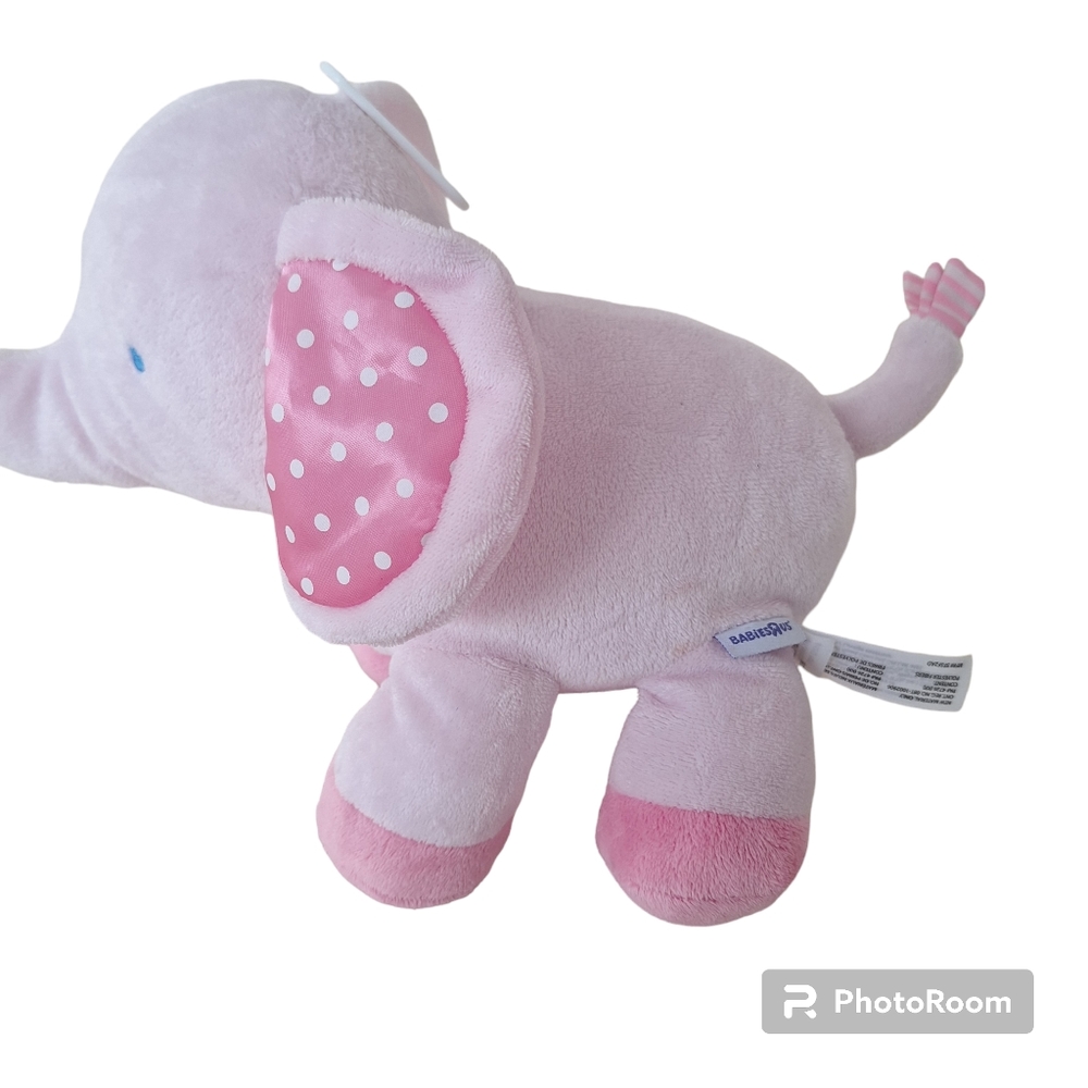 Babies R Us Pink Elephant Plush Stuffed Animal White Polka Dot Ears Striped Bow - Picture 5 of 8